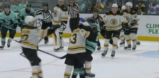 Brad Marchand jalkapyyhkäisy Oliver Björkstrandiin